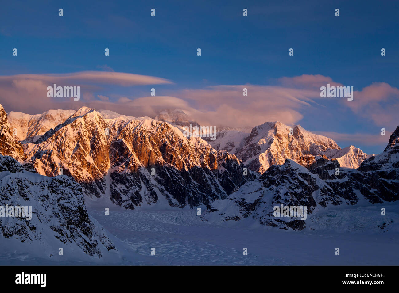 Clouds cover summit of Mt. McKinley in early morning in winter, Denali
