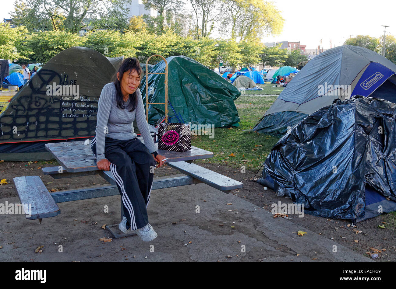 Woman At Tent City Erected By Homeless In Oppenheimer Park Vancouver British Columbia Canada Stock Photo Alamy