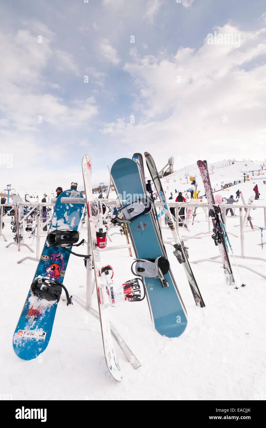 Snowboards and skis on a rack at Canada Olympic Park, COP, Calgary