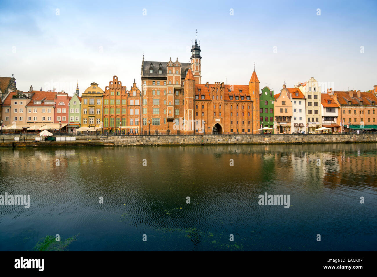 The classic view of Gdansk with the Hanseatic-style buildings reflected in the River Motlawa. Stock Photo
