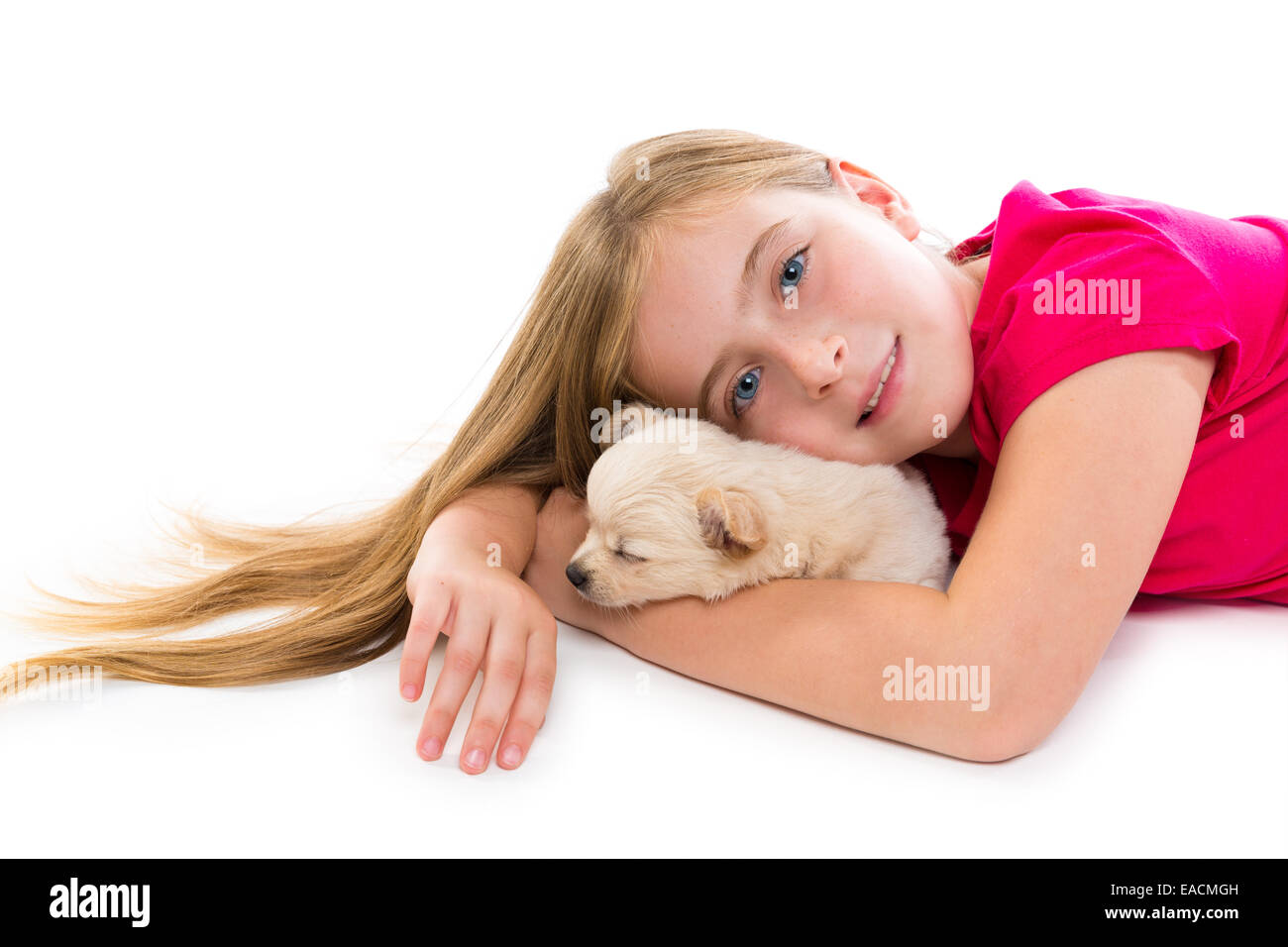 blond kid girl with puppy chihuahua pet dog relaxed playing happy lying ...