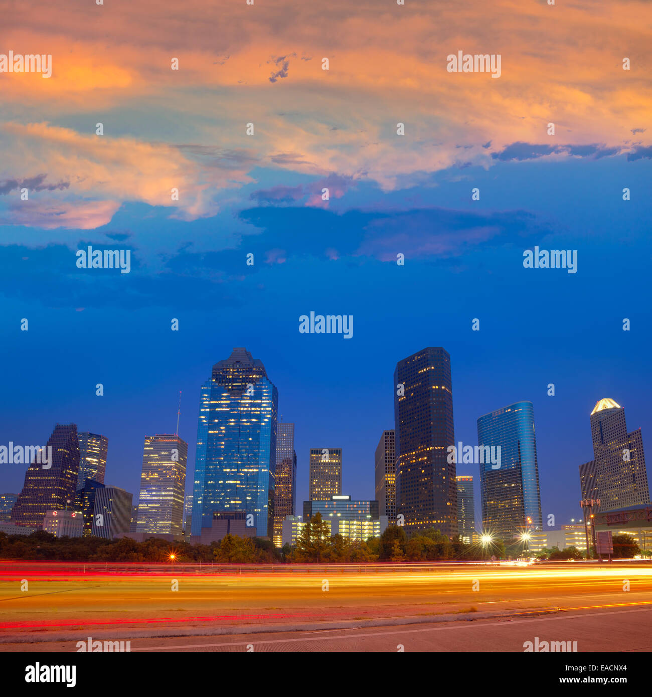 Houston downtown skyline at sunset dusk in Texas US USA Stock Photo Alamy
