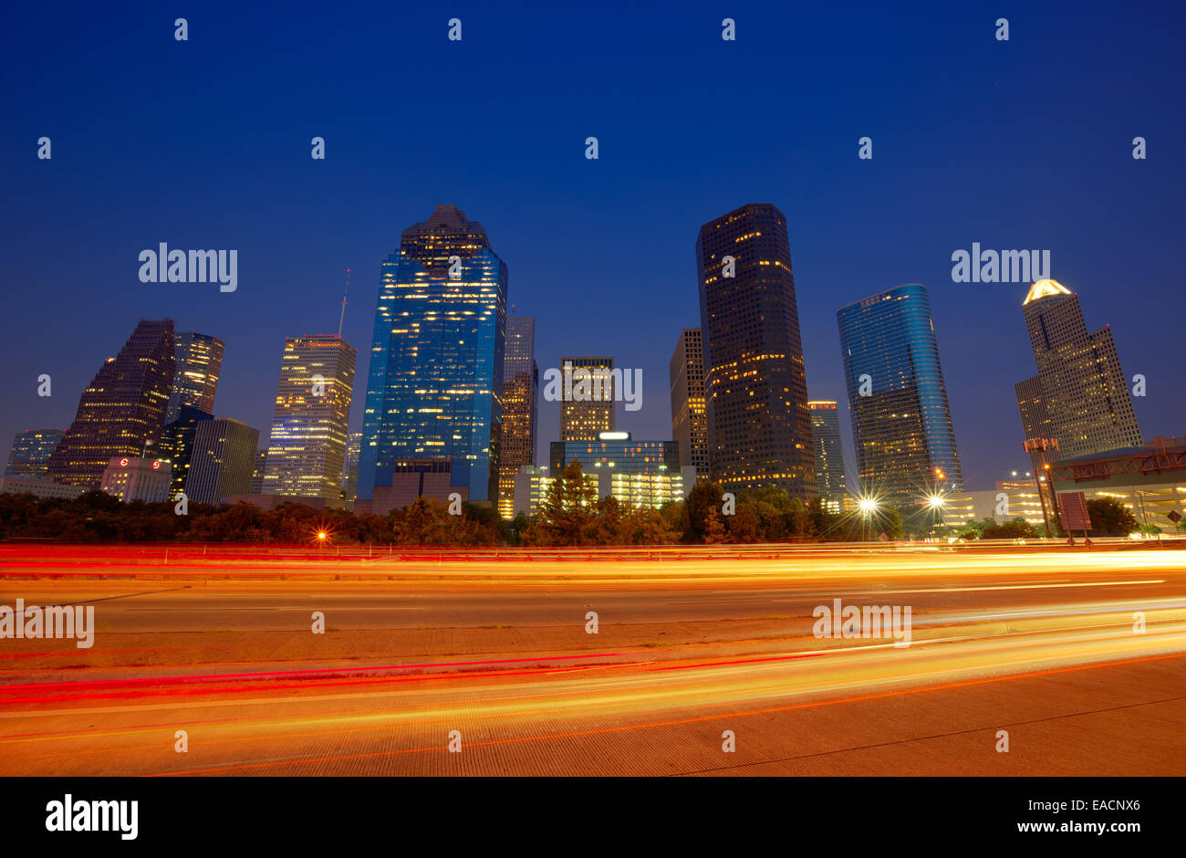 Houston downtown skyline at sunset dusk in Texas US USA Stock Photo Alamy
