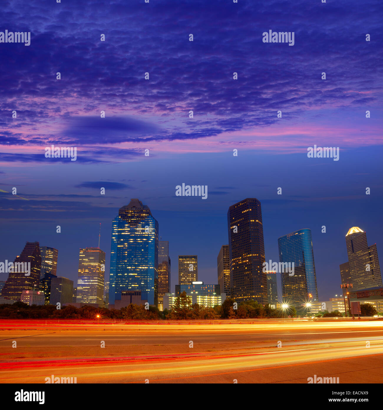 Houston downtown skyline at sunset dusk in Texas US USA Stock Photo Alamy