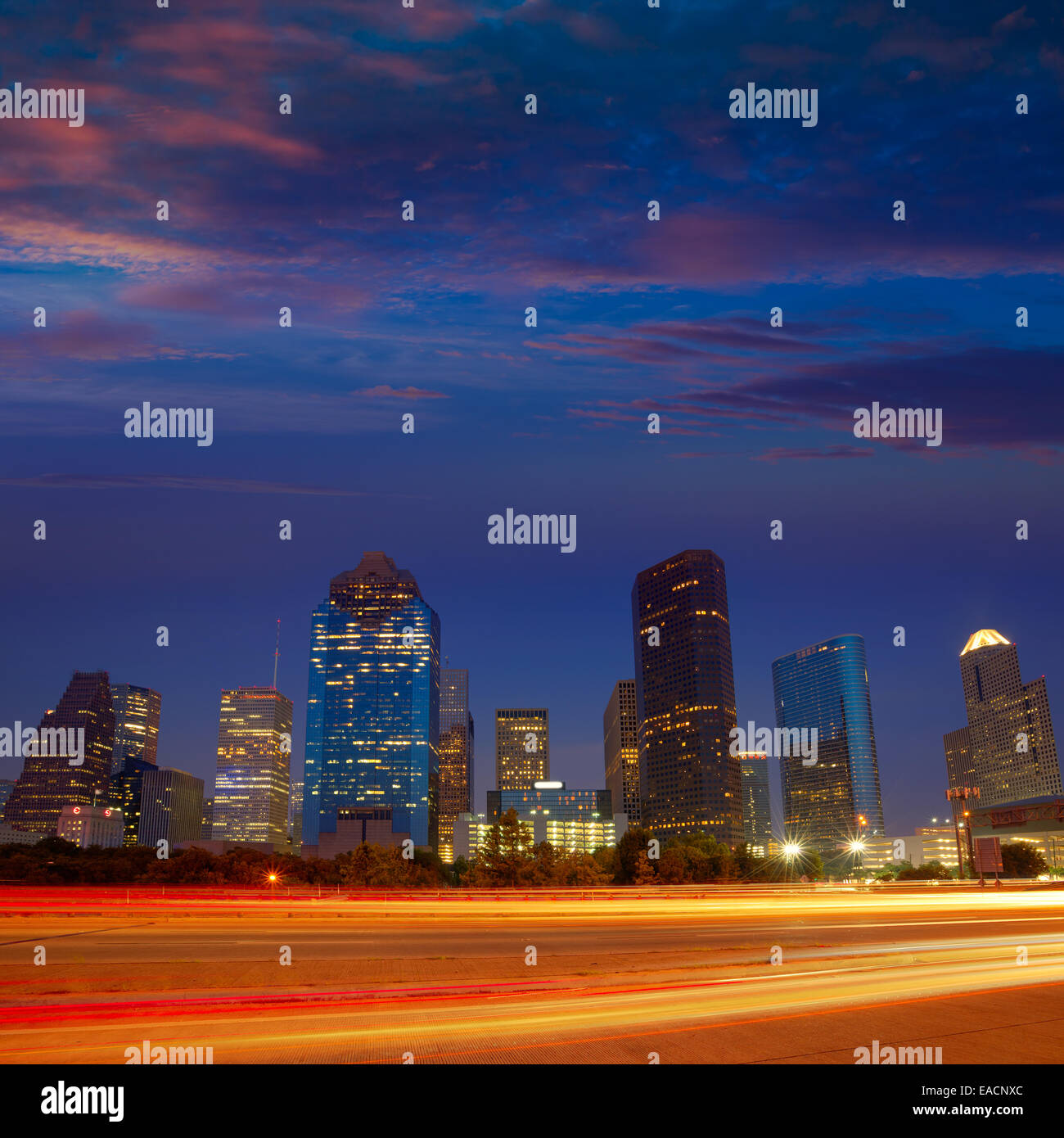 Houston downtown skyline at sunset dusk in Texas US USA Stock Photo Alamy