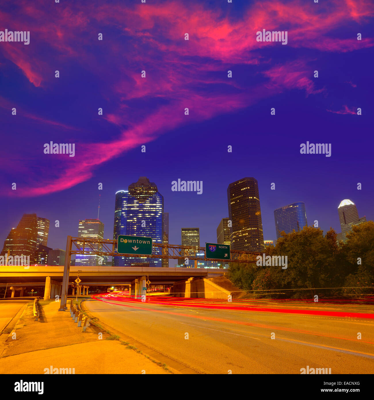 Houston downtown skyline at sunset dusk in Texas US USA Stock Photo Alamy