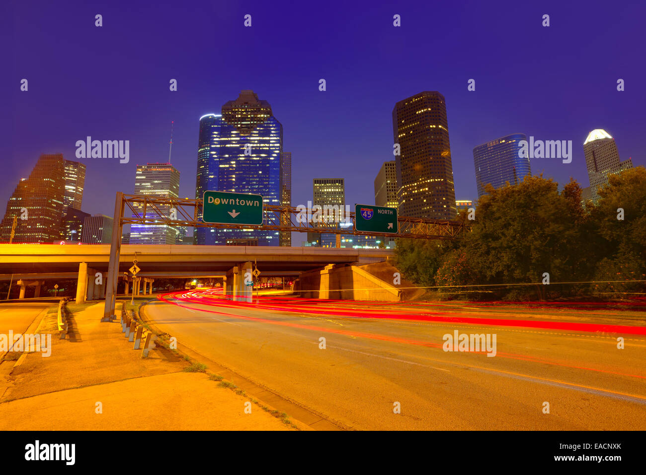 Houston downtown skyline at sunset dusk in Texas US USA Stock Photo Alamy