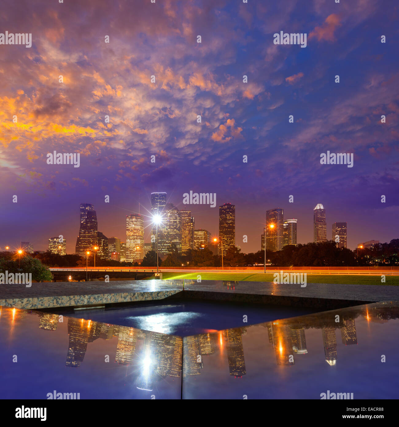 Houston sunset skyline from Memorial park at Texas US Stock Photo Alamy