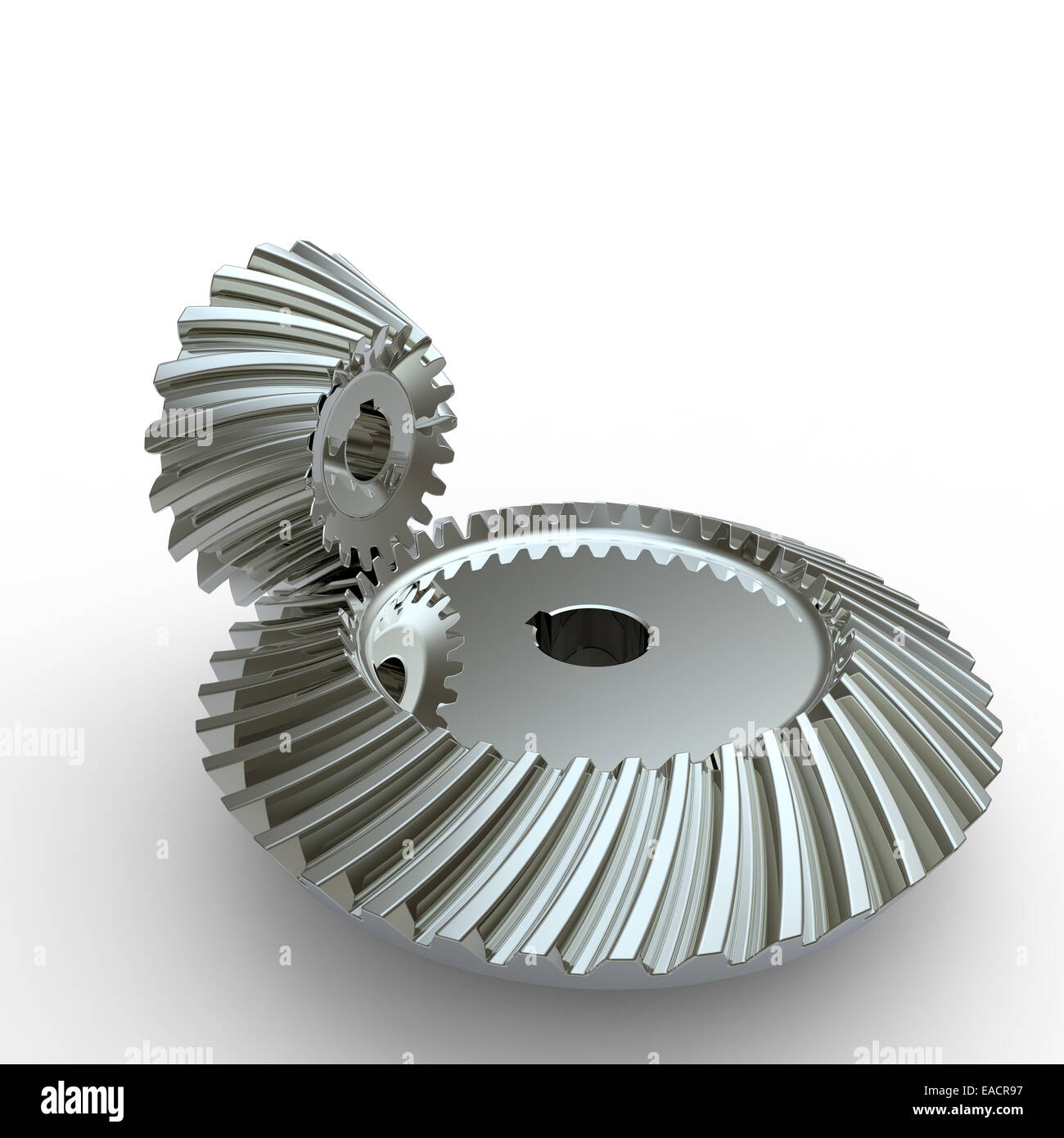 crown and pinion spiral bevel gears on a white background Stock Photo