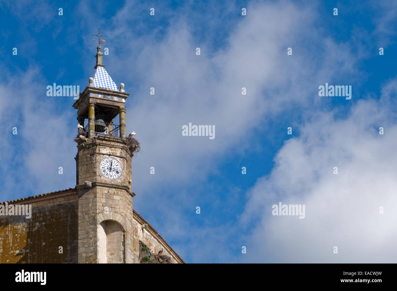 Church of St. Martin in Mayor Square of Trujillo. Caceres, Spain. (Bellfry  over Cloudy Sky) Stock Photo