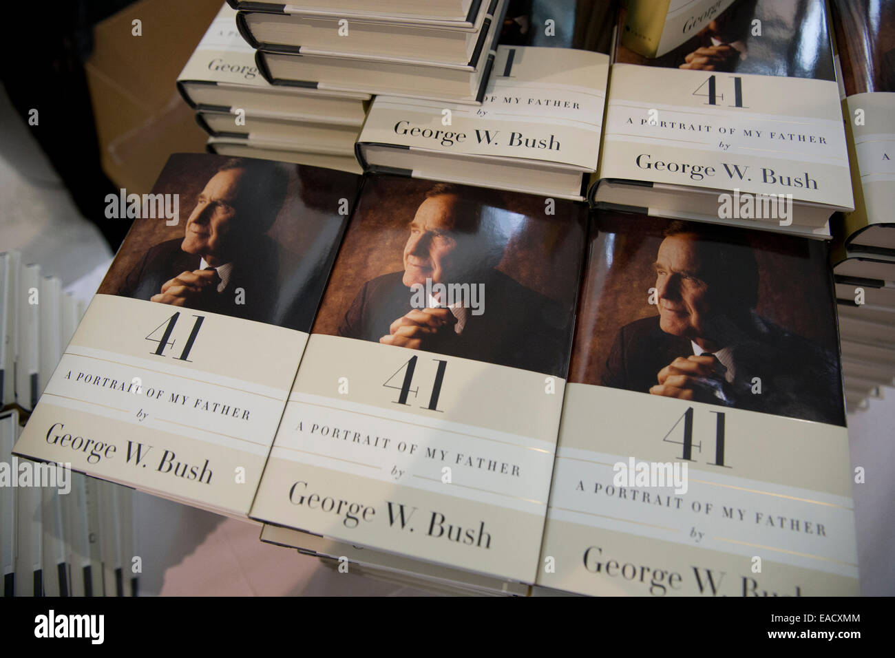 College Station, Texas, USA. 11th November, 2014. Books for sale as former U.S. President George W. Bush talks about his new book, '41 A Portrait of My Father' wiith former chief of staff Andrew Card during a book event at the Bush Library at Texas A&M University. The elder George H.W. Bush and wife Barbara were in the audience. Credit:  Bob Daemmrich/Alamy Live News Stock Photo