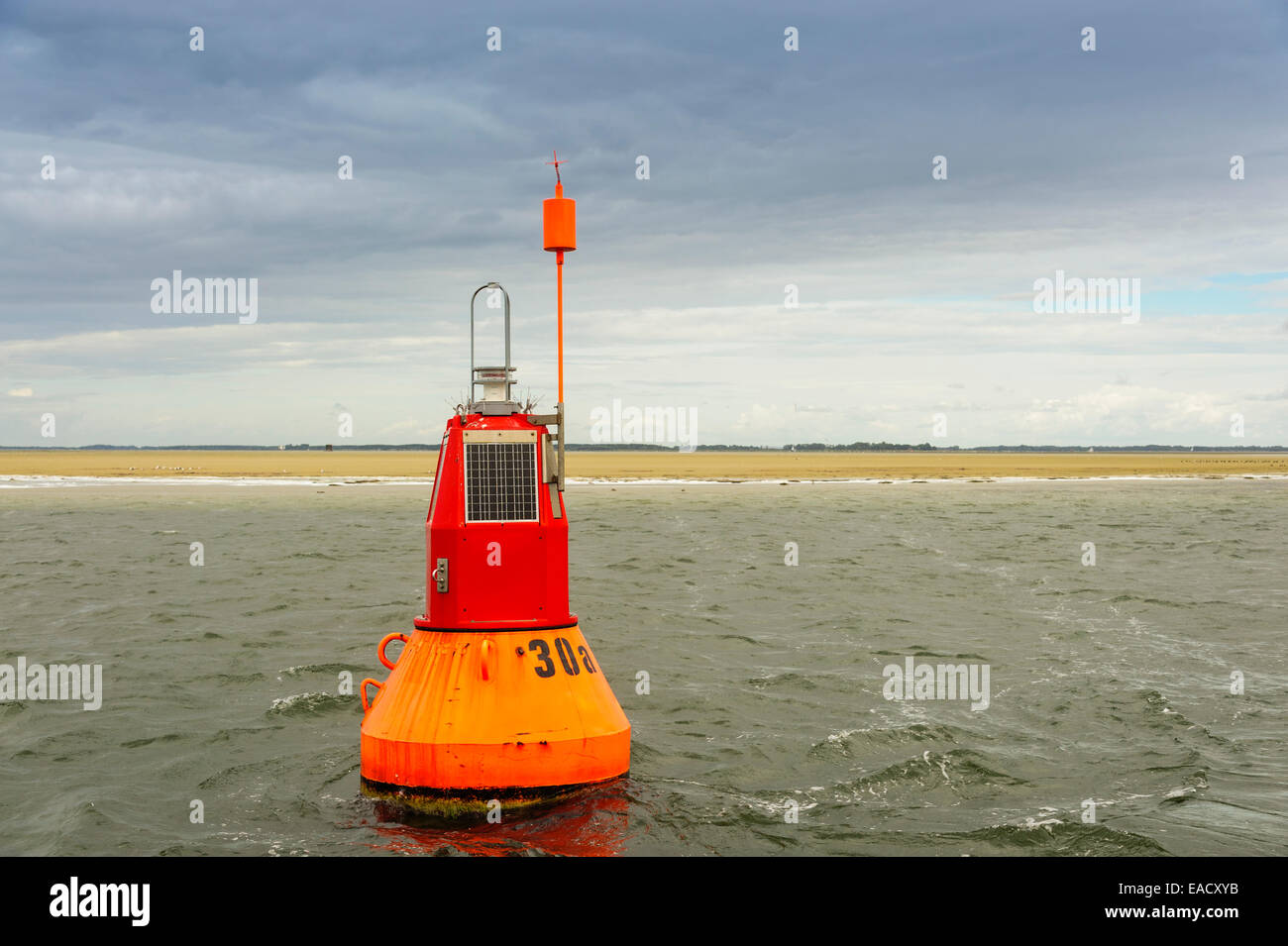 Navigable water buoy in front of a sandbank, Baltic Sea, Barhöft, Mecklenburg-Western Pomerania, Germany Stock Photo