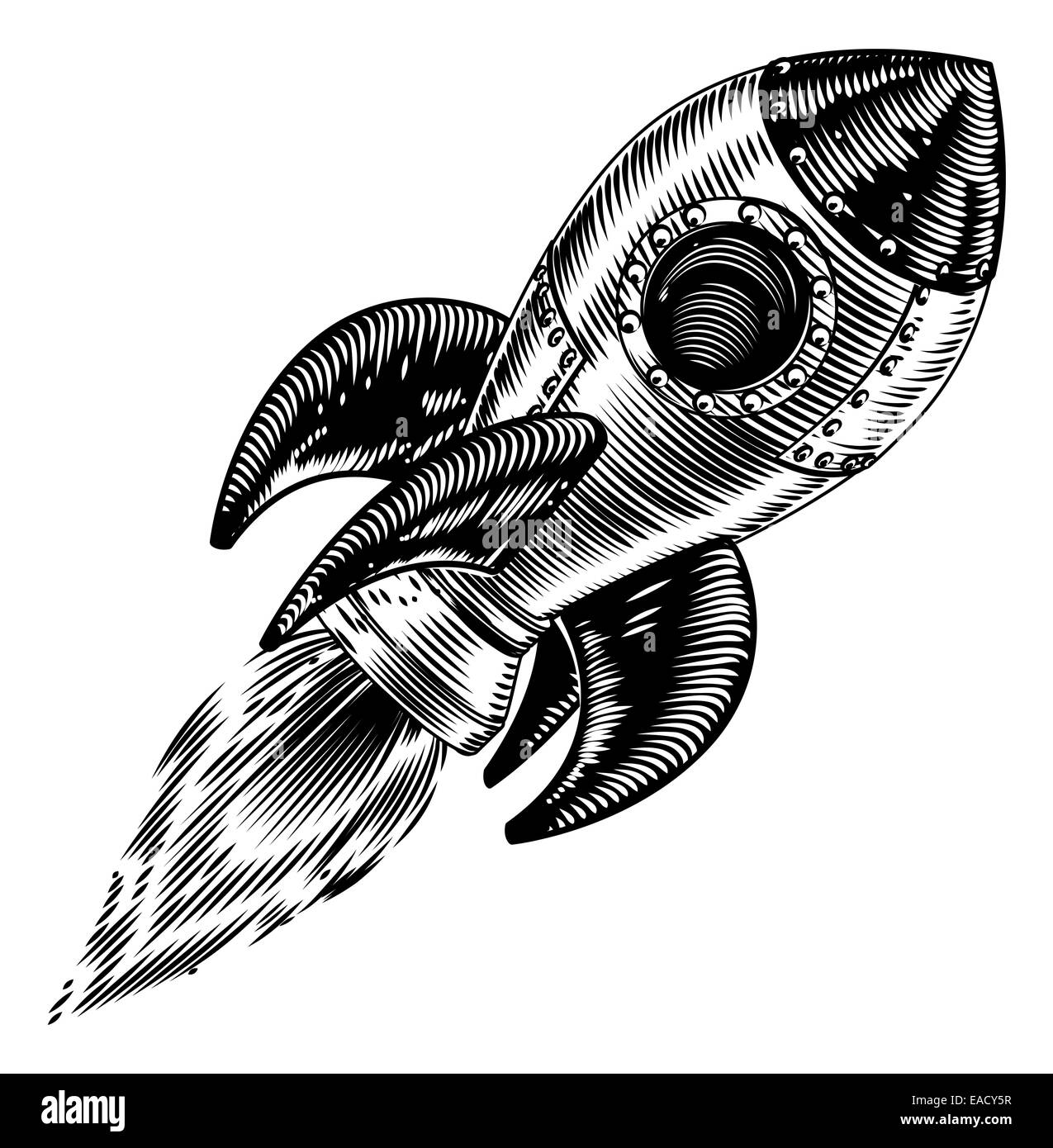 Illustration of a vintage style rocketship flying through the air Stock Photo