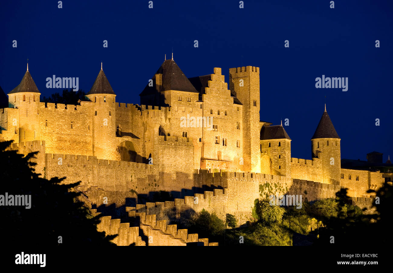 Fortress with watch towers, Carcassonne, Languedoc-Roussillon, Departement Aude, France Stock Photo