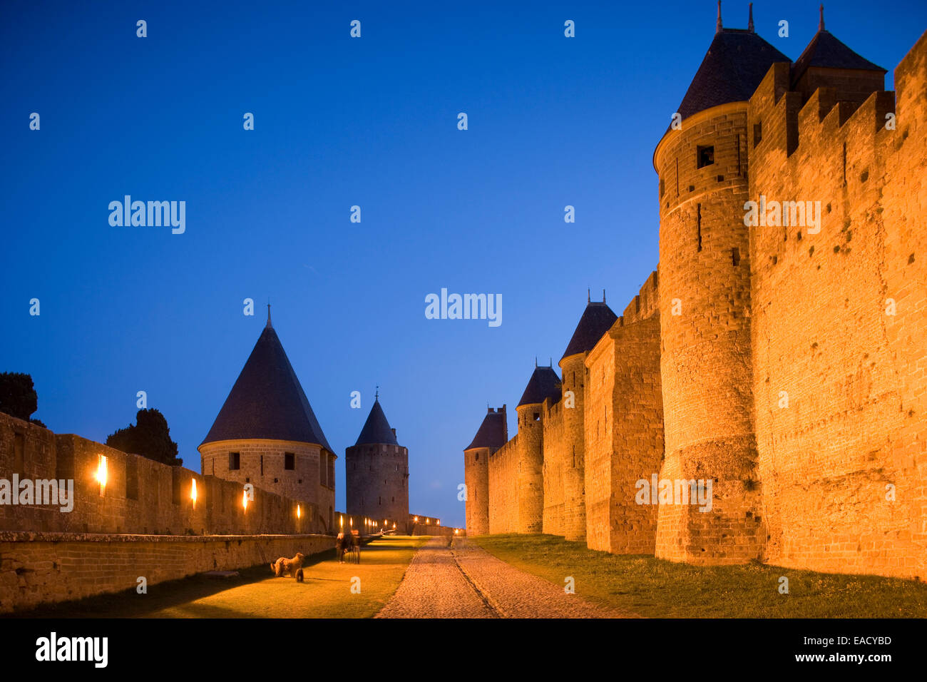 Fortress with watch towers, Carcassonne, Languedoc-Roussillon, Departement Aude, France Stock Photo