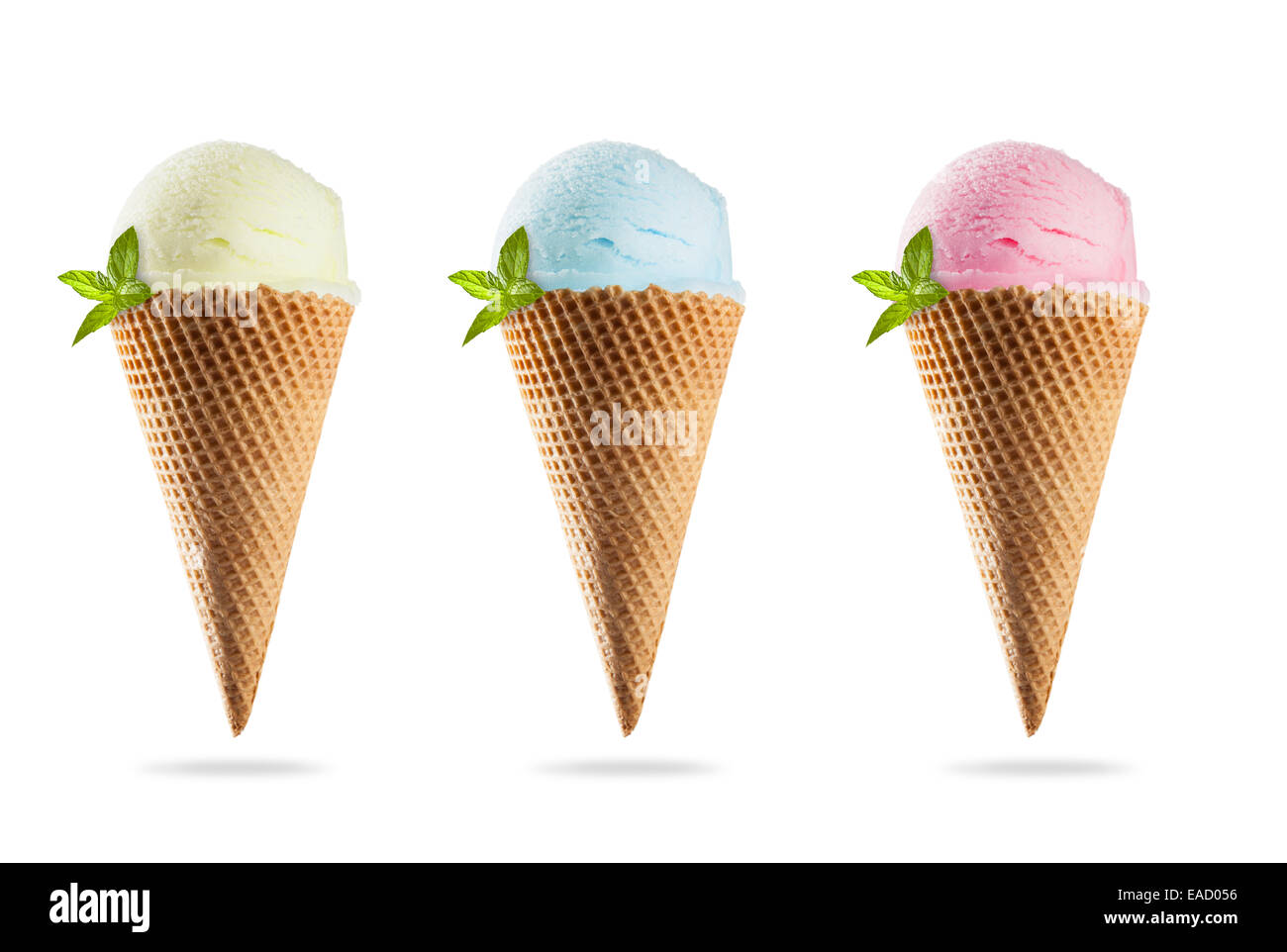 Set of various kinds of ice creams in cones, isolated on white