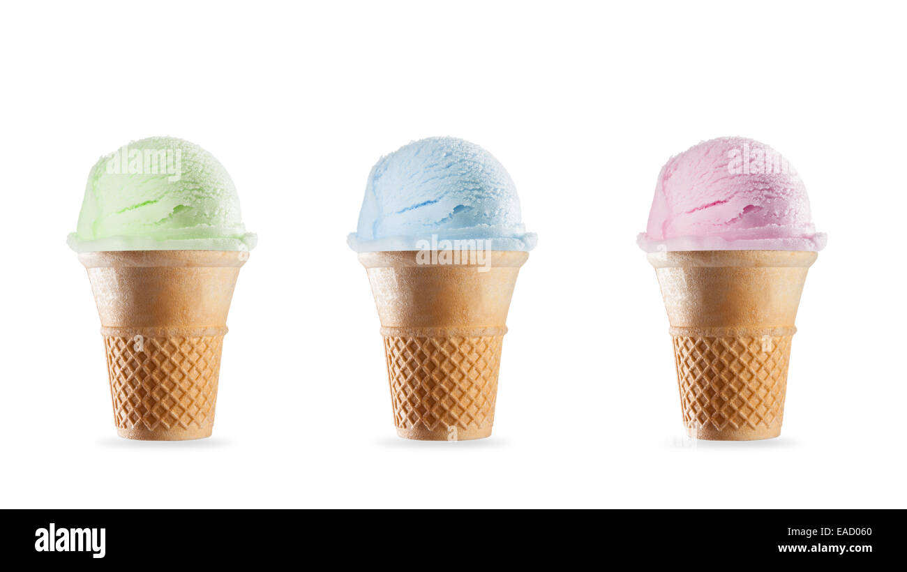 Set of various kinds of ice creams in cones, isolated on white background Stock Photo