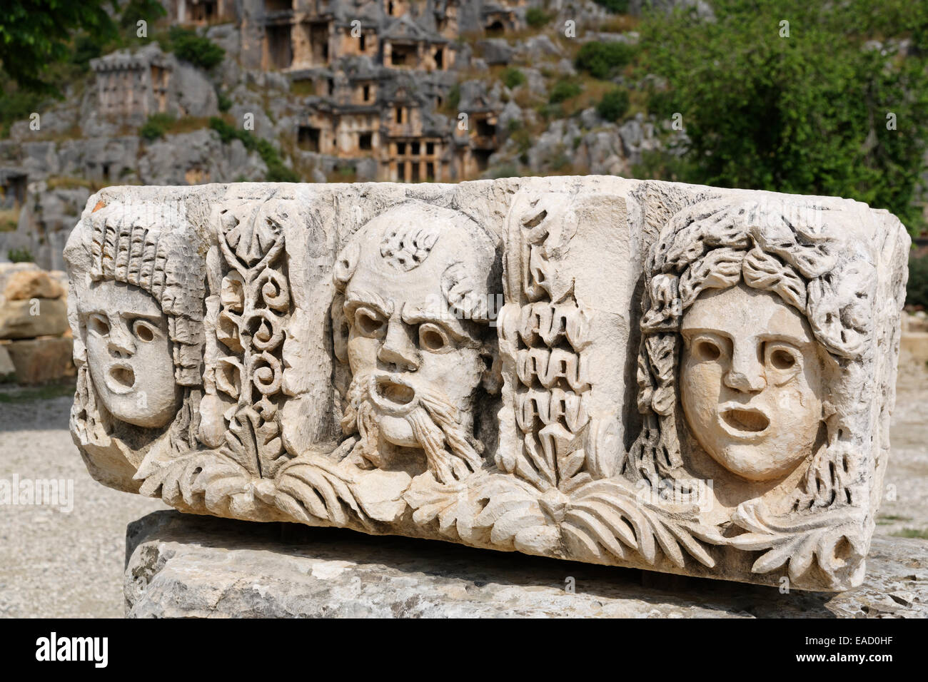 Stone relief, masks, Myra, Demre, Lycia, Province of Antalya, Turkey Stock Photo