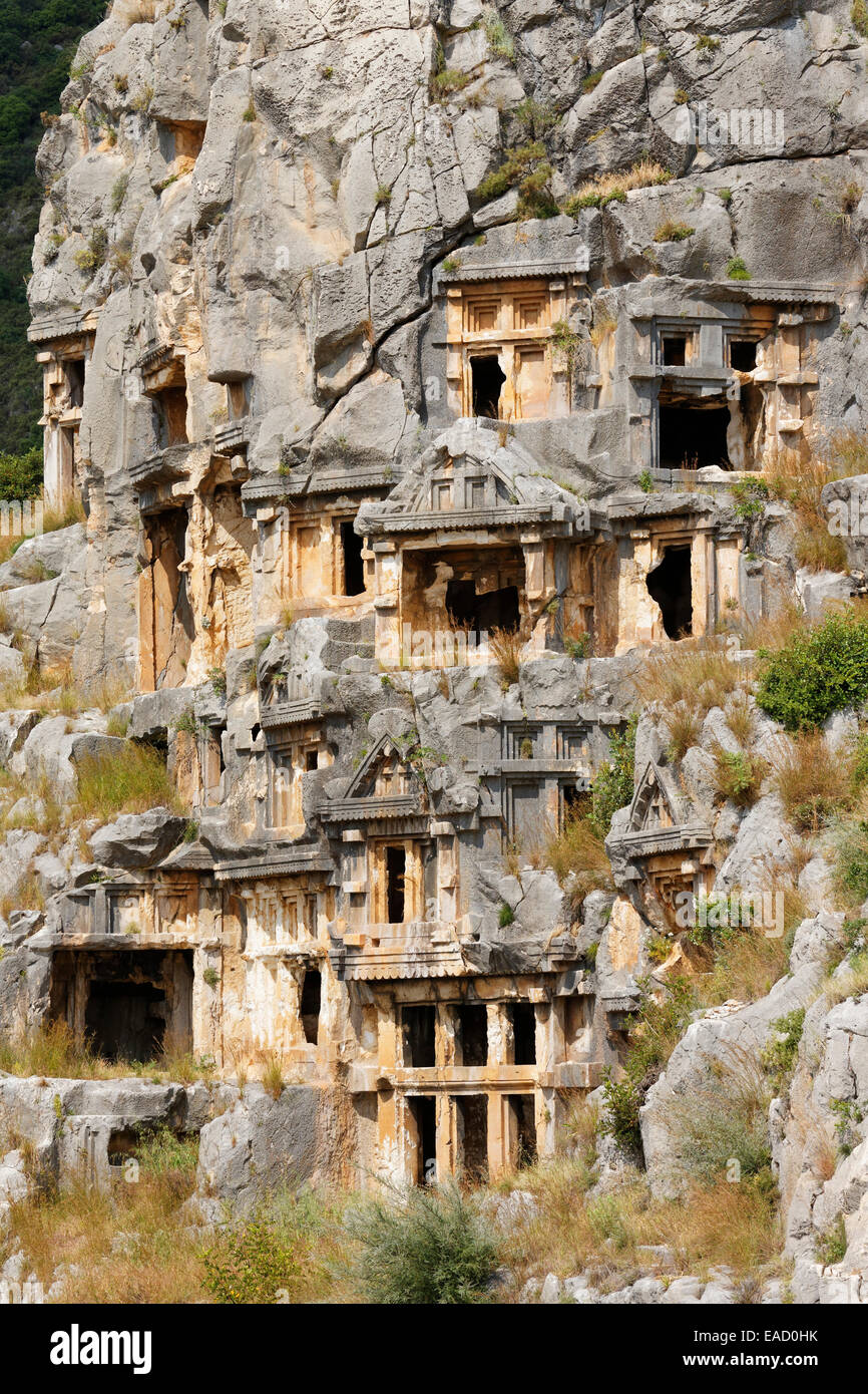 Necropolis or city of the dead, ancient Lycian rock tombs, Myra, Demre, Lycia, Province of Antalya, Turkey Stock Photo