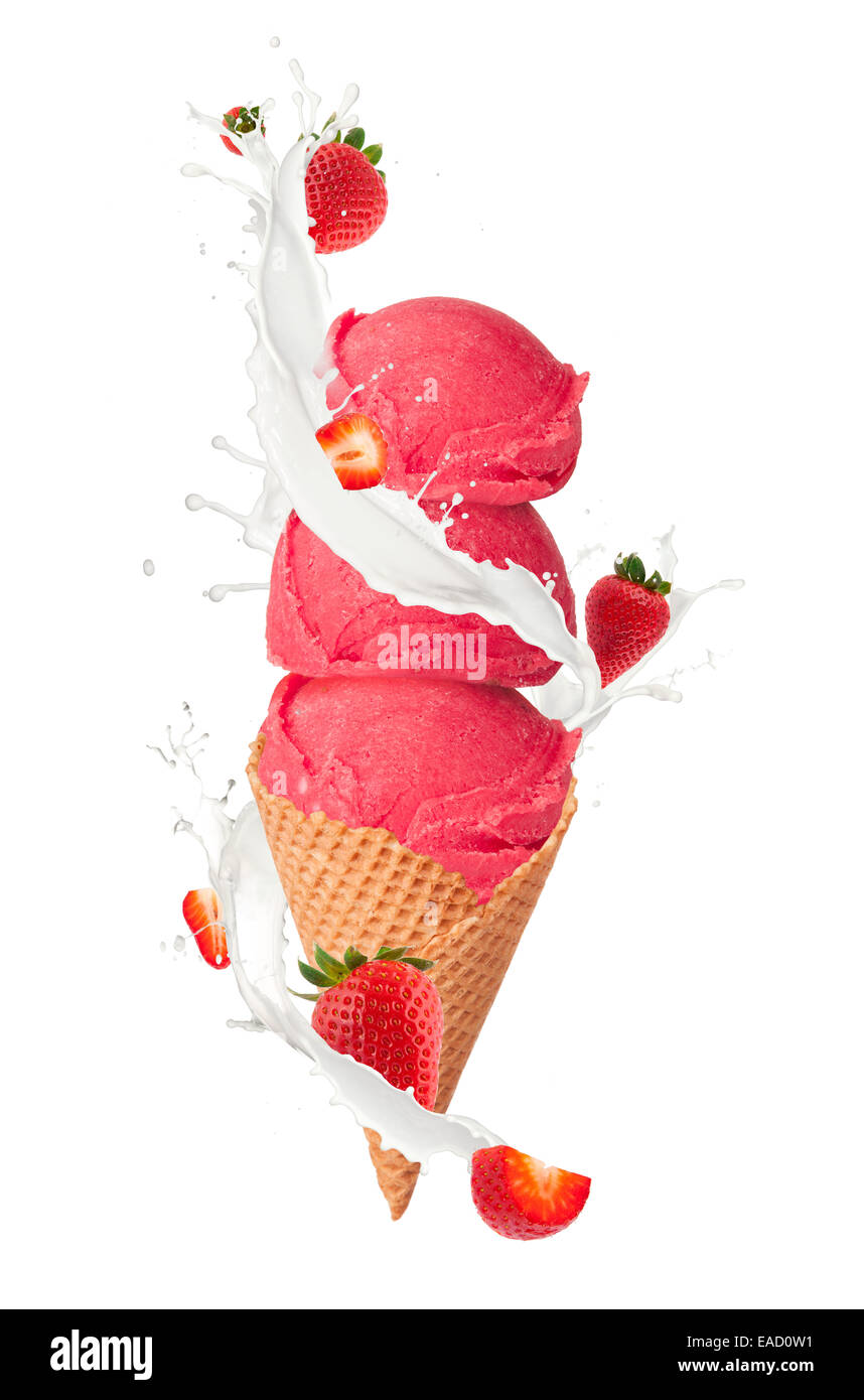 Studio photo of isolated ice cream in waffle cone on white background ...
