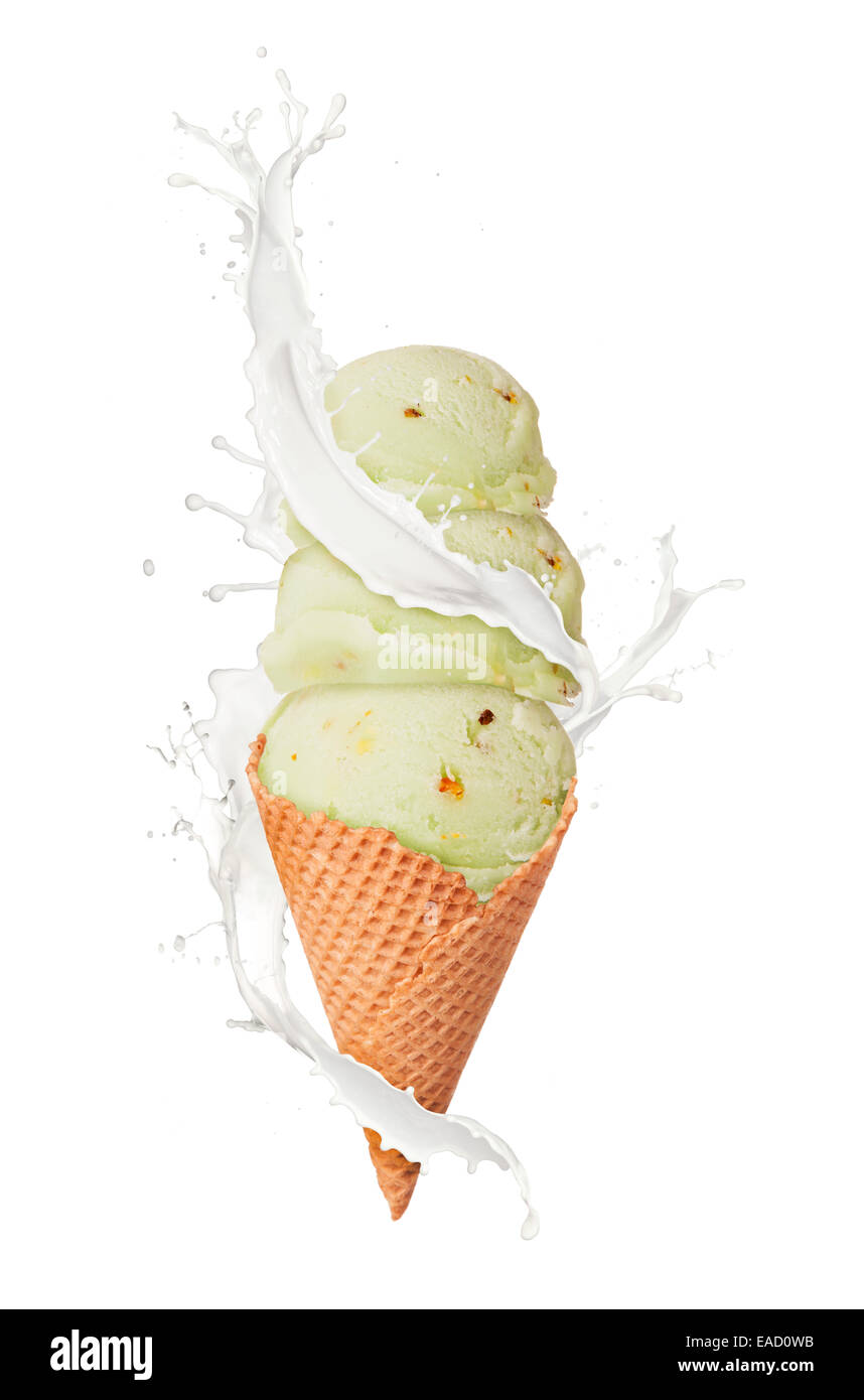 Studio photo of isolated ice cream in waffle cone on white background ...