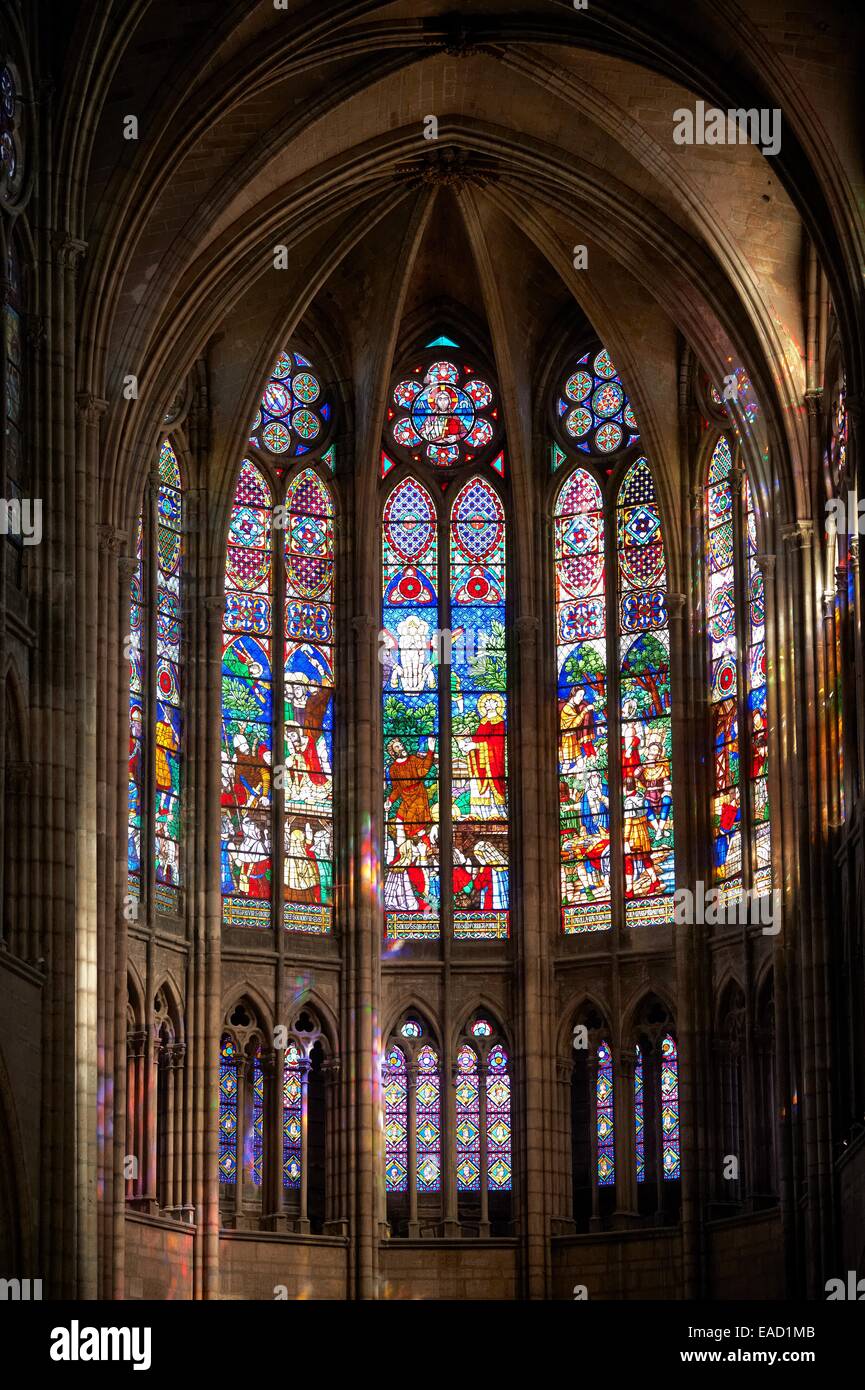 Gothic stained glass windows depicting scenes from the Martyrdom of Saint Denis, Cathedral Basilica of Saint Denis Stock Photo