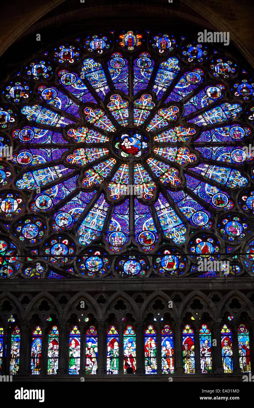 Gothic Rayonnant stained glass rose window, Cathedral Basilica of Saint Denis, Basilique Saint-Denis, Paris, Ile-de-France Stock Photo