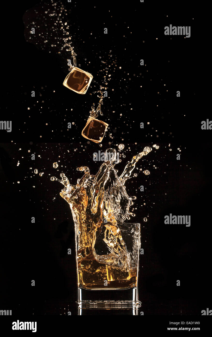 Isolated shot of whiskey with splash on black background Stock Photo