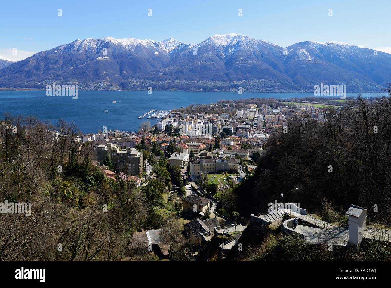 View from Via Crucis of the city of Locarno and Lake Maggiore, Canton of Ticino, Switzerland Stock Photo