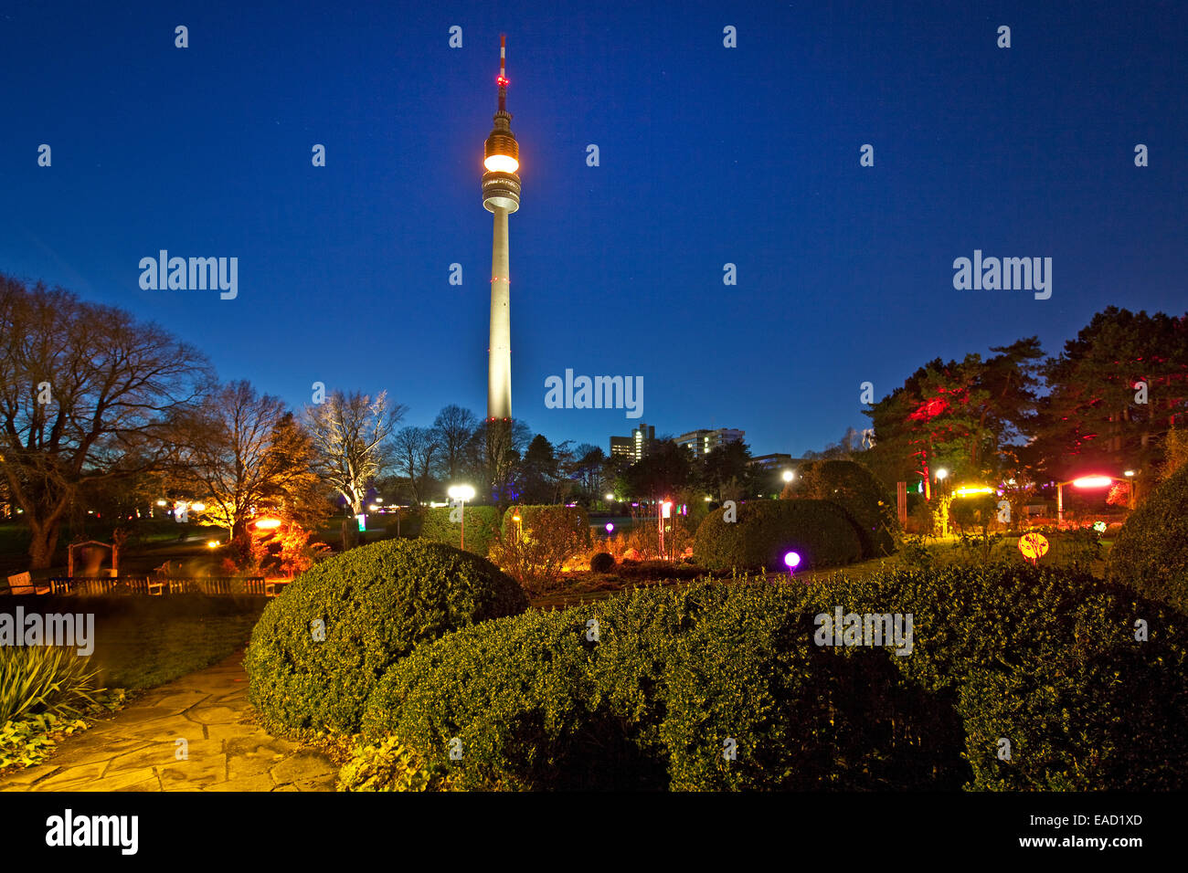 Winter lights in Westphalia Park with the television tower Florian at dusk, Dortmund, North Rhine-Westphalia, Germany Stock Photo