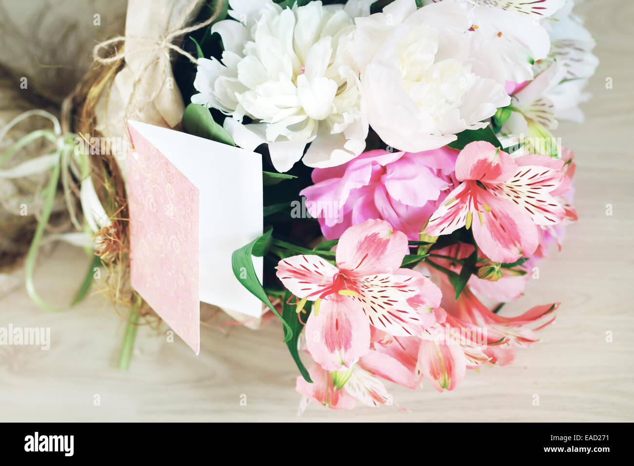 Wedding bouquet made of alstroemeria and peony. Stock Photo