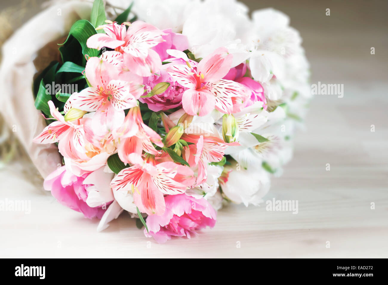 Wedding bouquet made of alstroemeria and peony. Stock Photo