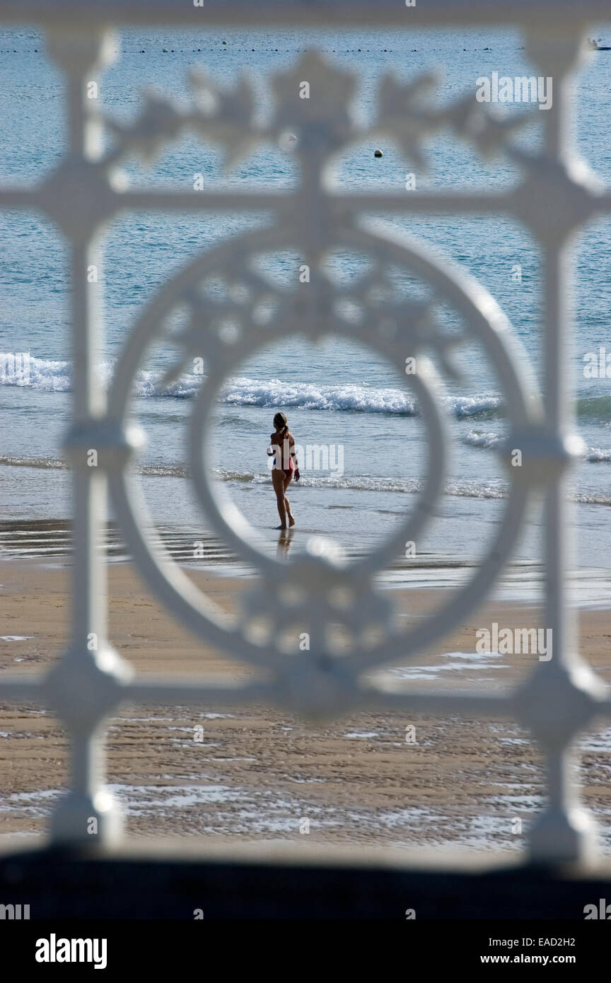The most typical symbol from San Sebastian, Spain. Railing with Concha Beach in background. Stock Photo