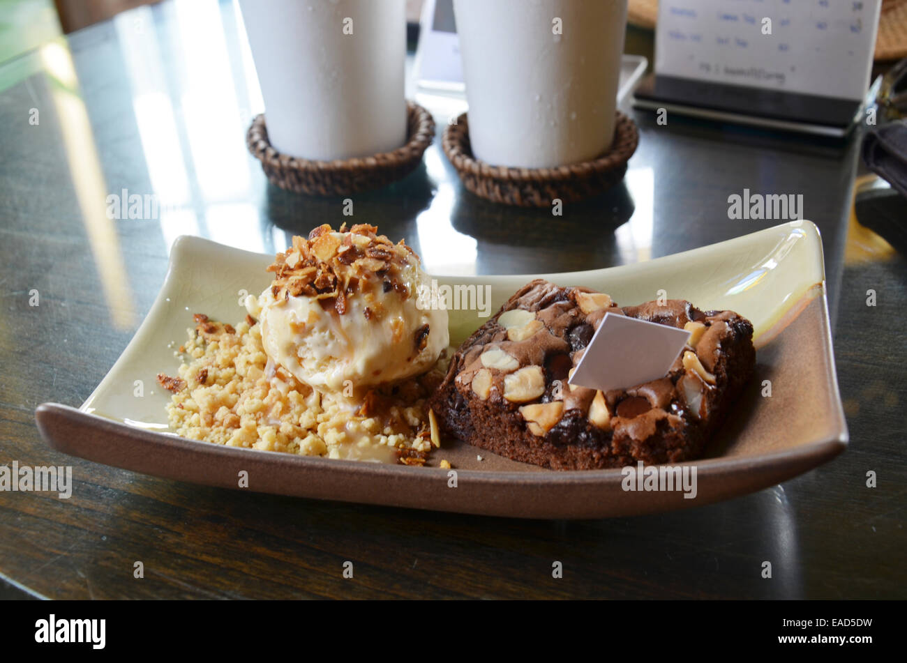Brownie Cake with Vanilla Ice Cream Stock Photo Alamy