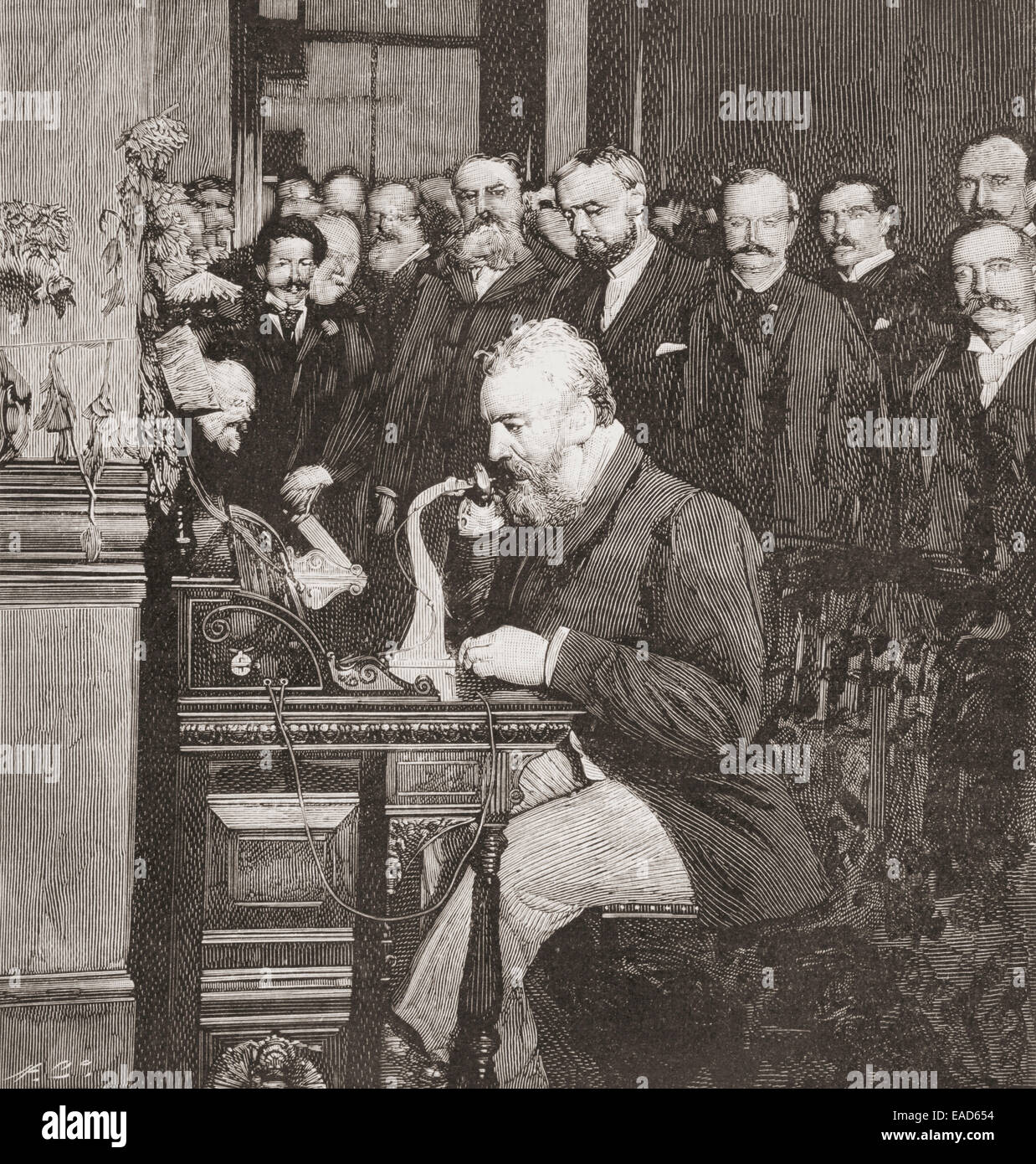 Bell at the opening of the long-distance line from New York to Chicago in 1892.  Alexander Graham Bell, 1847 –1922. Stock Photo