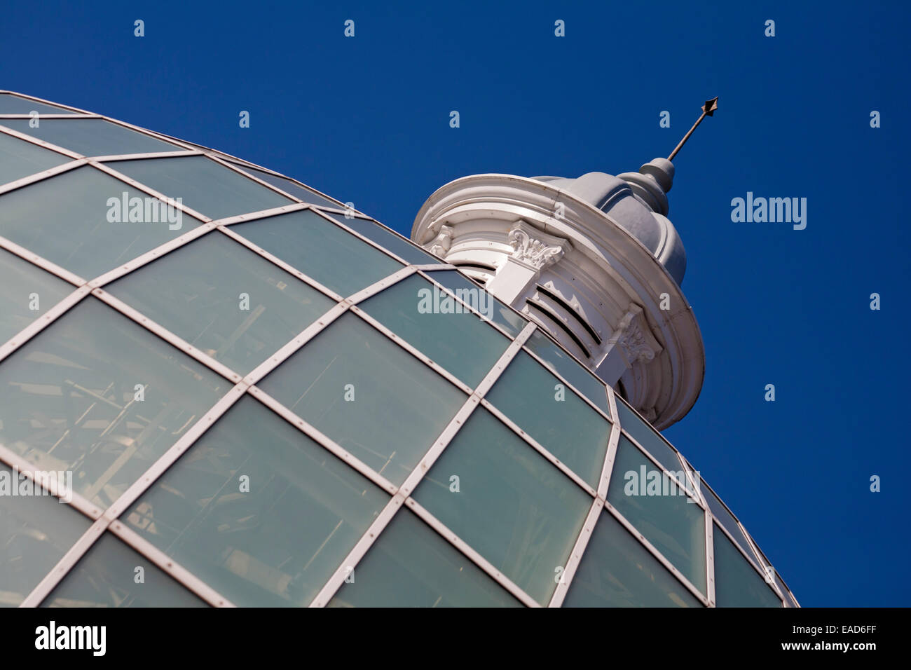 Glass dome roof of Greenwich Foot Tunnel set against blue sky at London in September Stock Photo