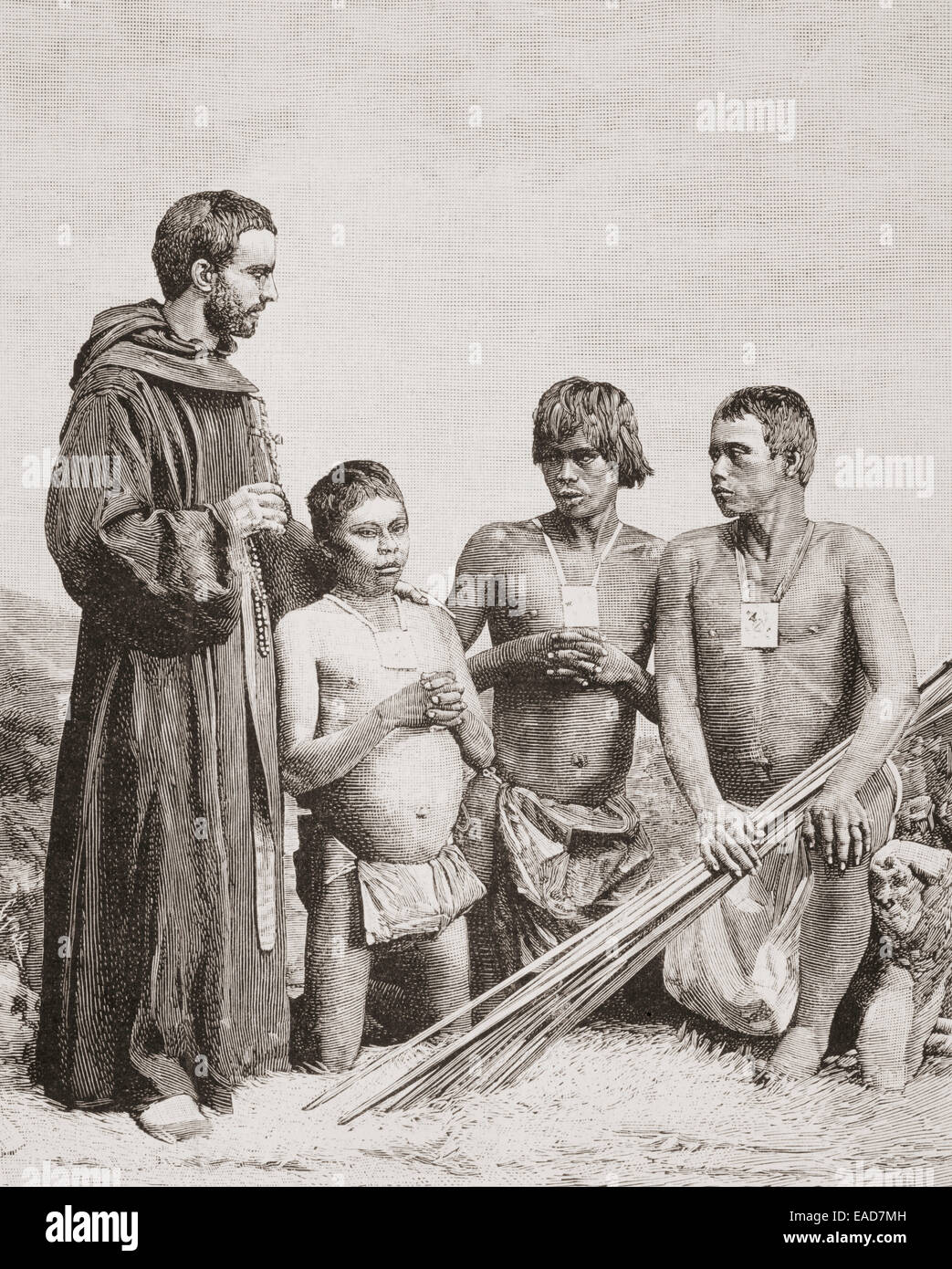 Spanish missionaries in Colombia, 1892.  A friar from the Order of Augustinian Recollects converting Guahibo Indians. Stock Photo