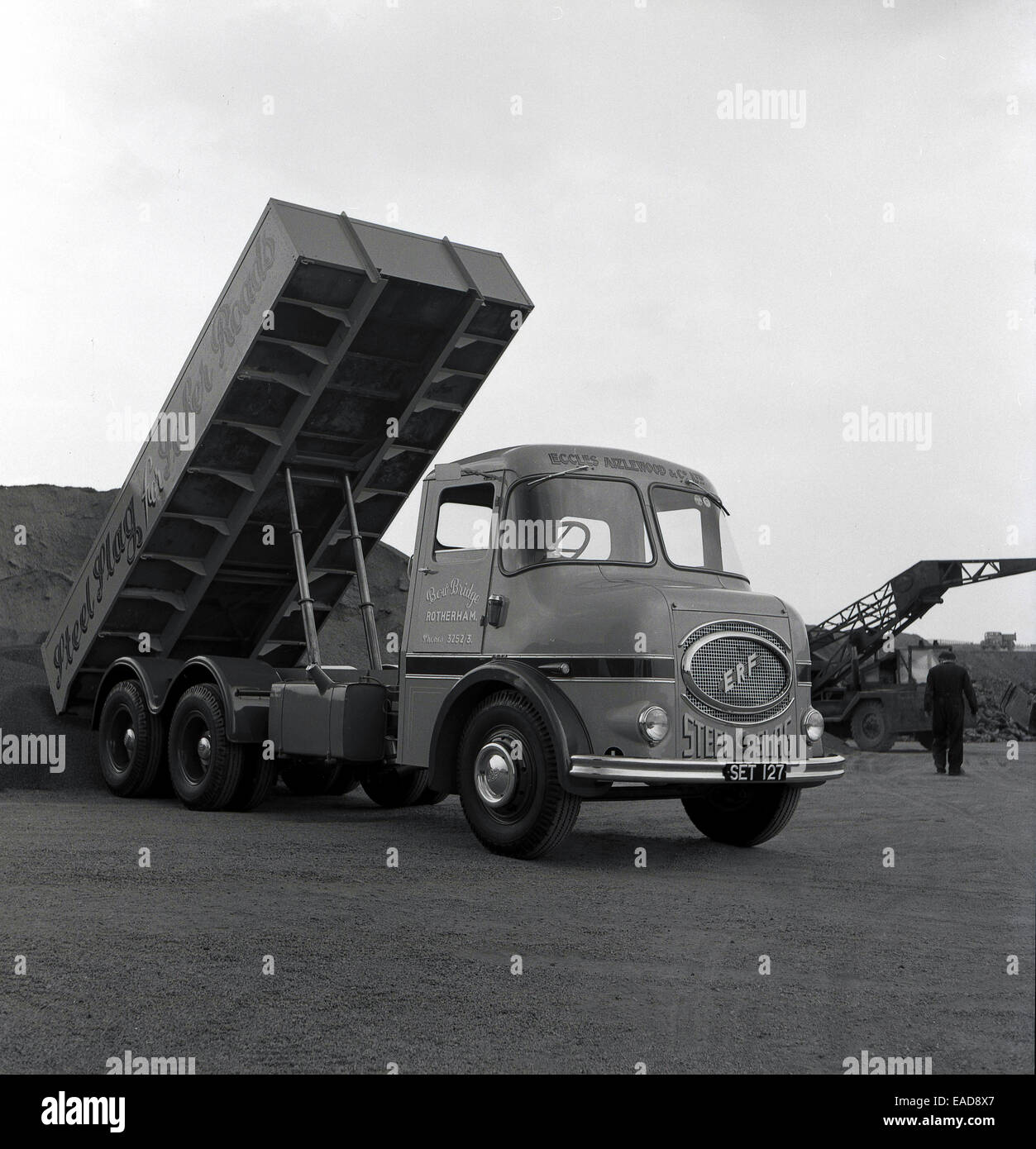 Historical picture, 1950s, a Steel Slag truck unloading at a yard or depot. Stock Photo