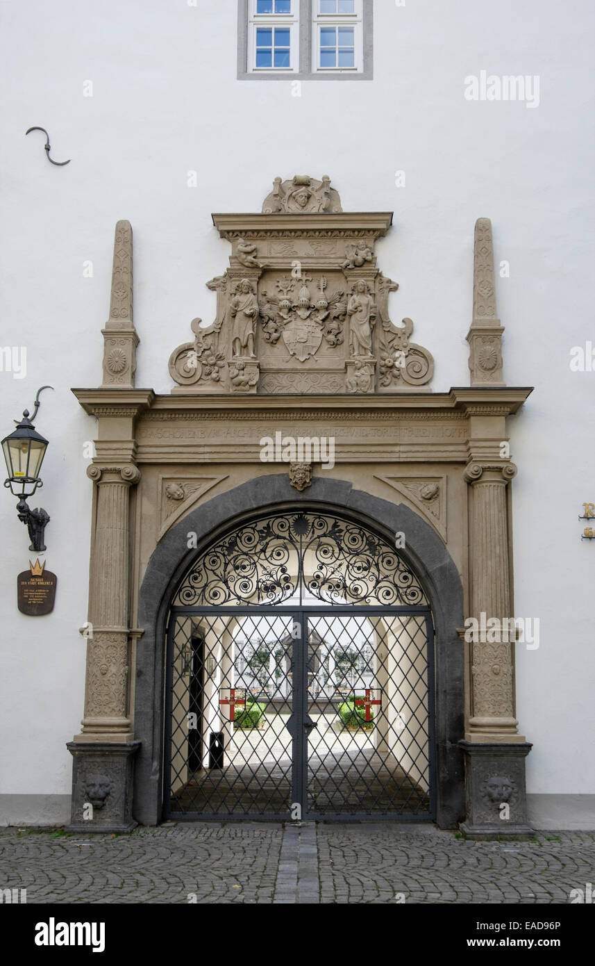 Ornate gateway to a courtyard in the Rathaus Town Hall from Willi-Horter Platz, Koblenz, Rhineland-Palatinate, Germany, Europe Stock Photo