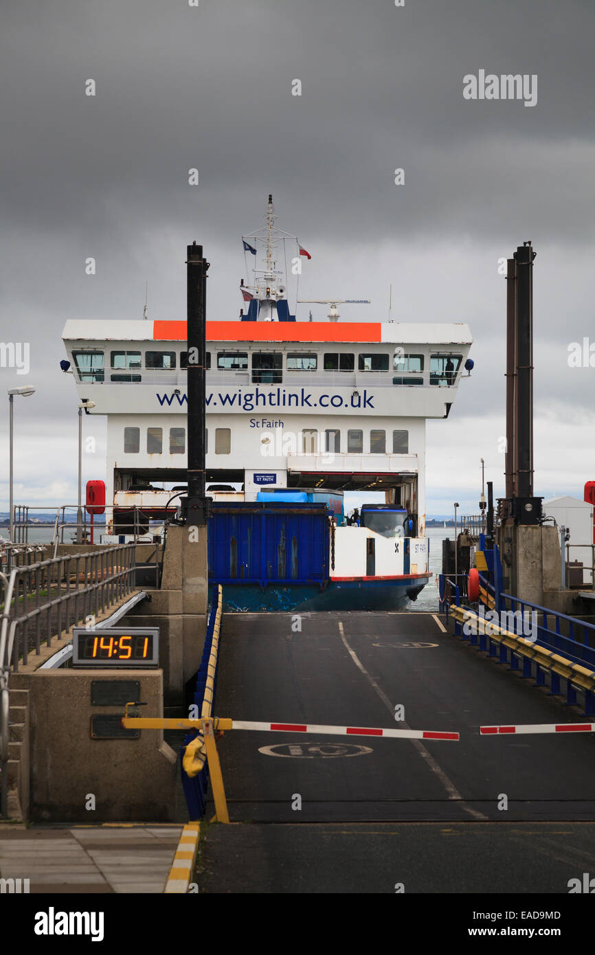 Wightlink car ferry approching loading ramp with barriers down Stock Photo