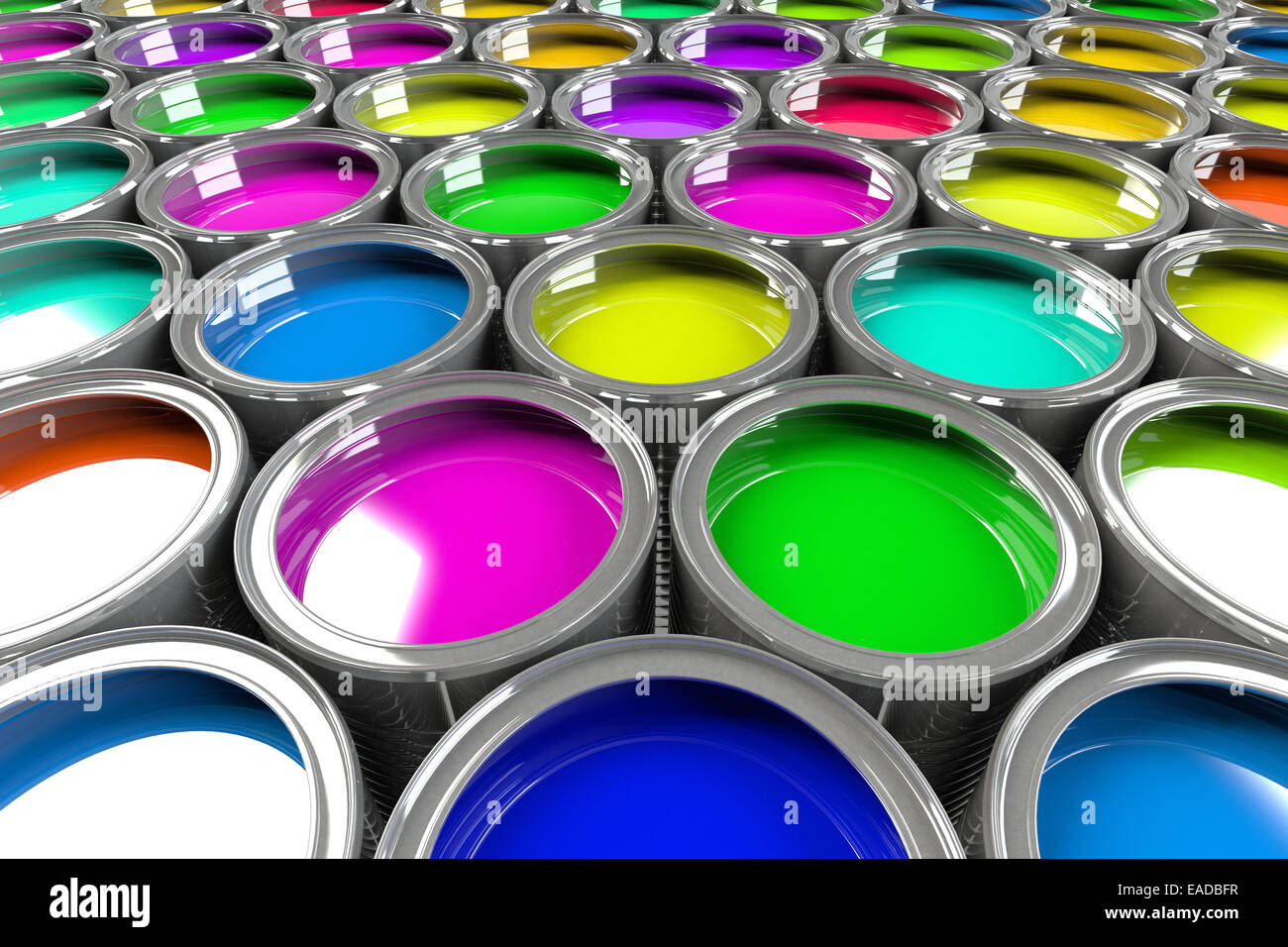 Multiple open paint cans. Stock Photo