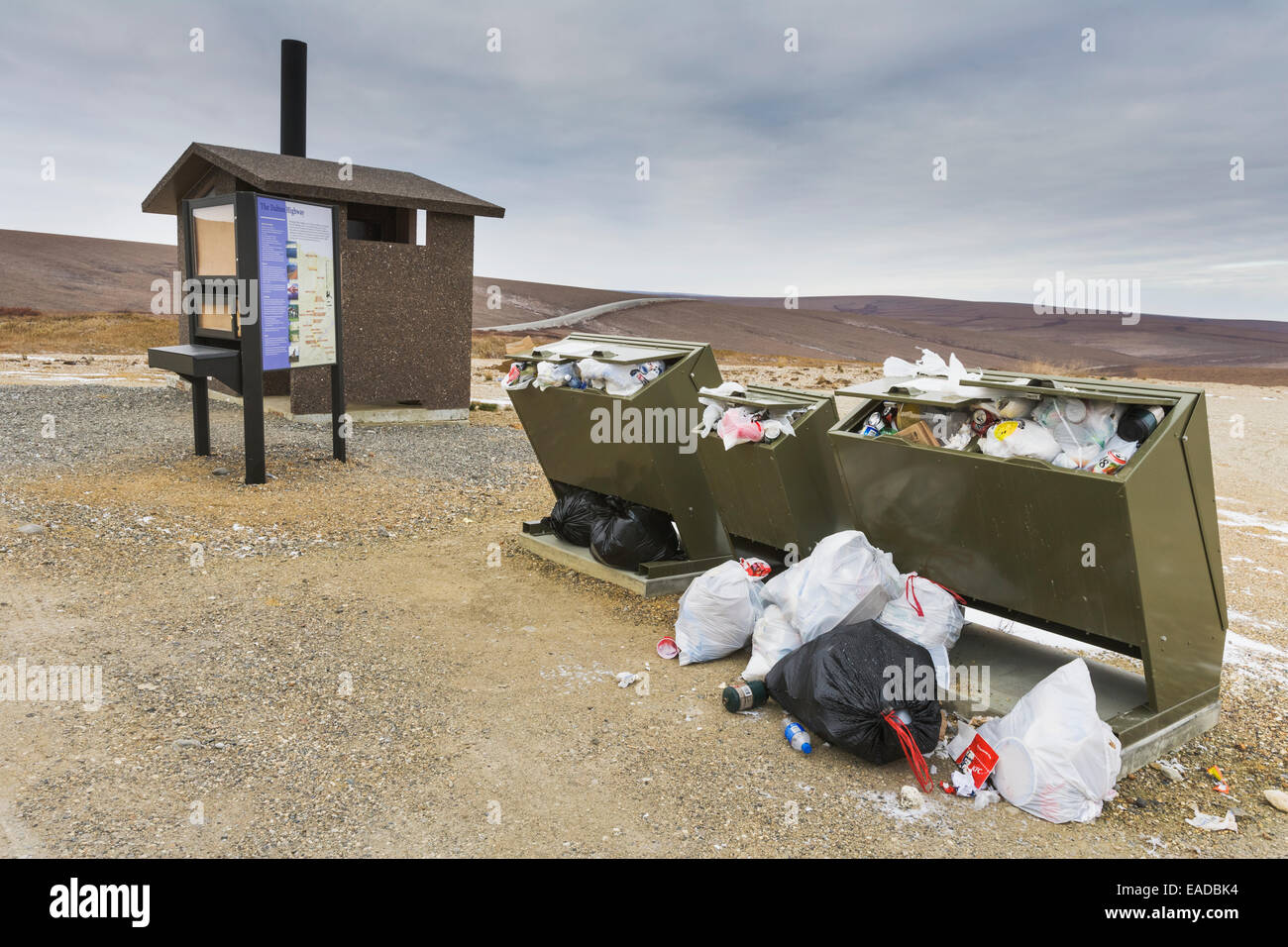 Over filled bear proof trash containers along the James Dalton Highway