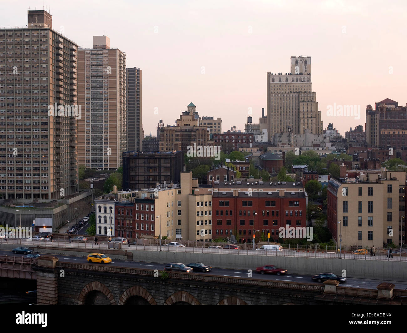 view of Brooklyn and entrance ramp to Brooklyn Bridge Stock Photo