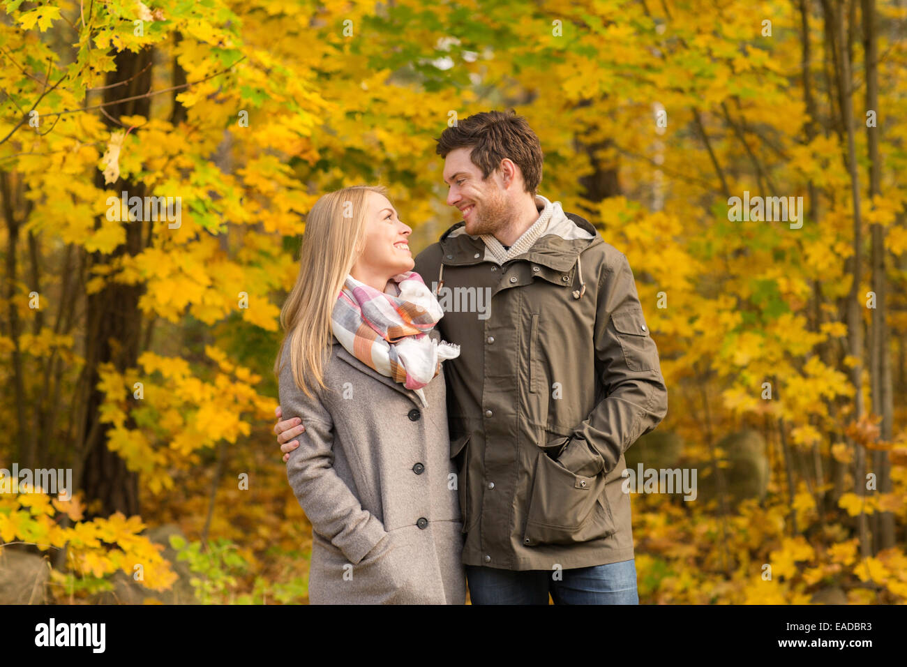 smiling couple hugging in autumn park Stock Photo - Alamy