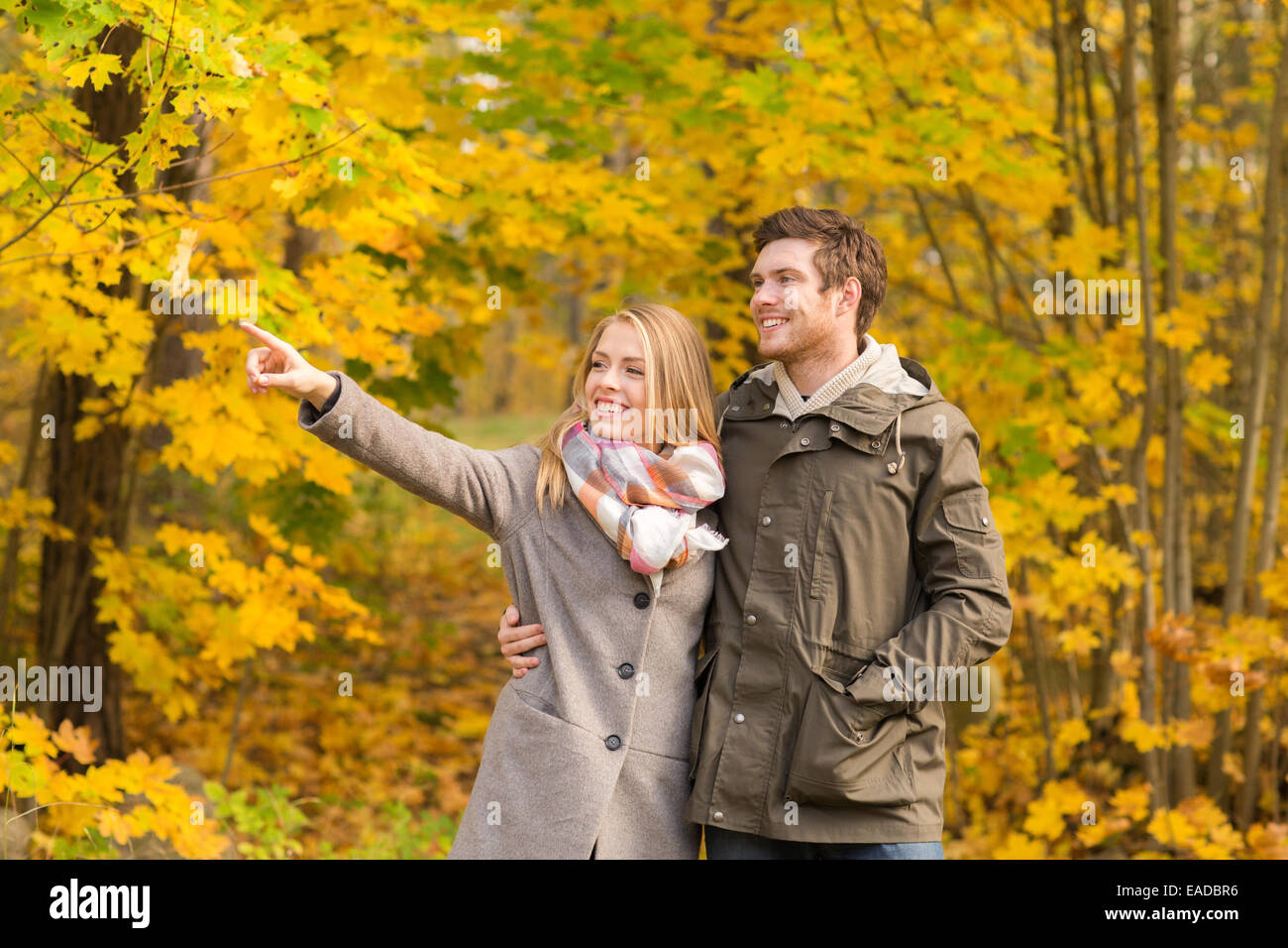 smiling couple hugging in autumn park Stock Photo - Alamy