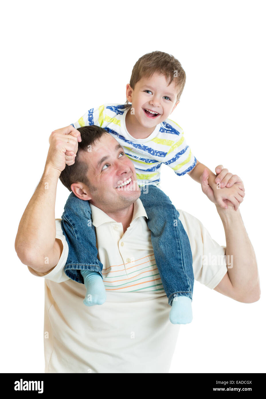 kid son riding dad's shoulders isolated on white Stock Photo