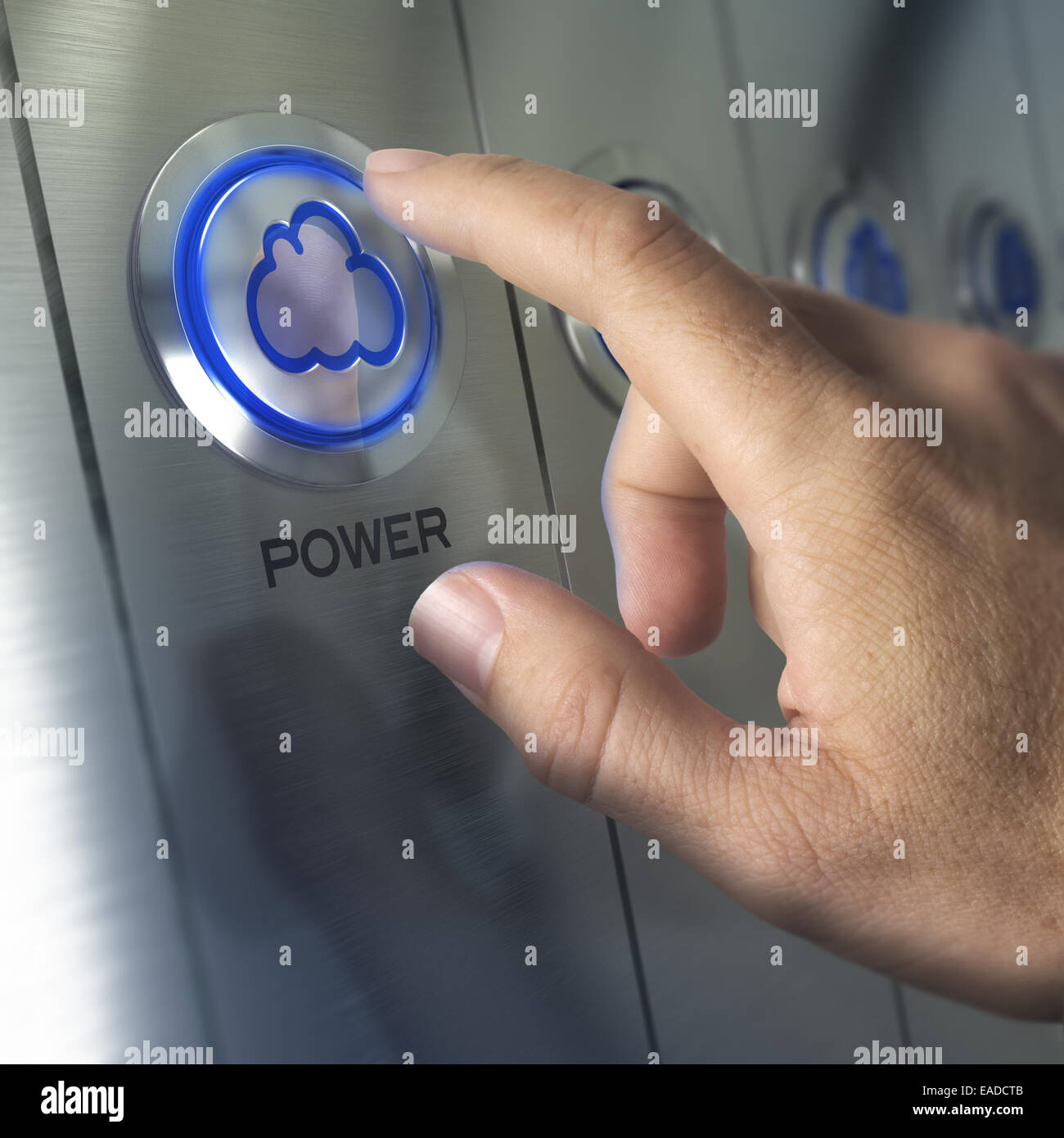 One finger pressing cloud button. Concept of cloud computing or network hardware Stock Photo