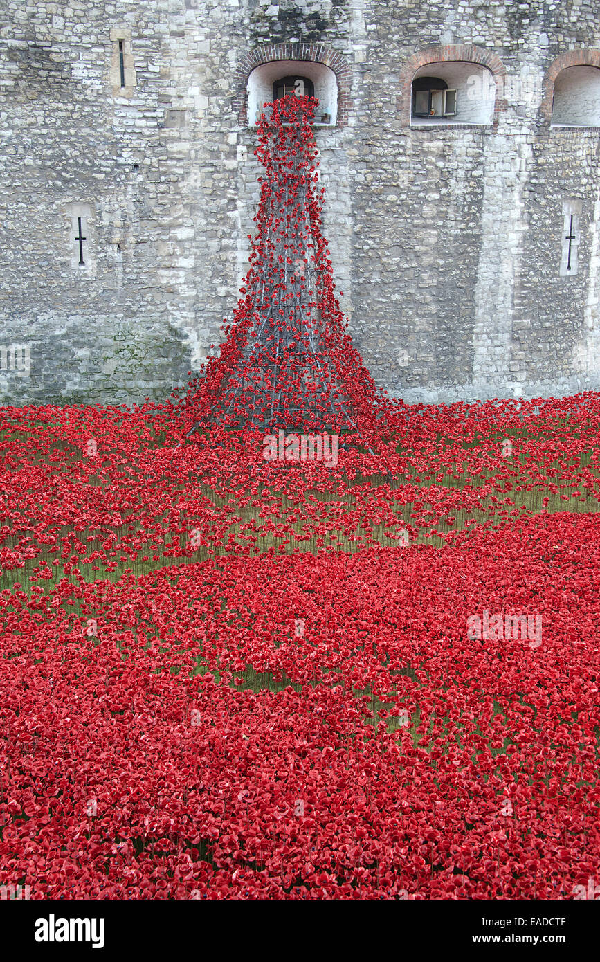 Tower of London with ceramic poppies installation London England Stock Photo
