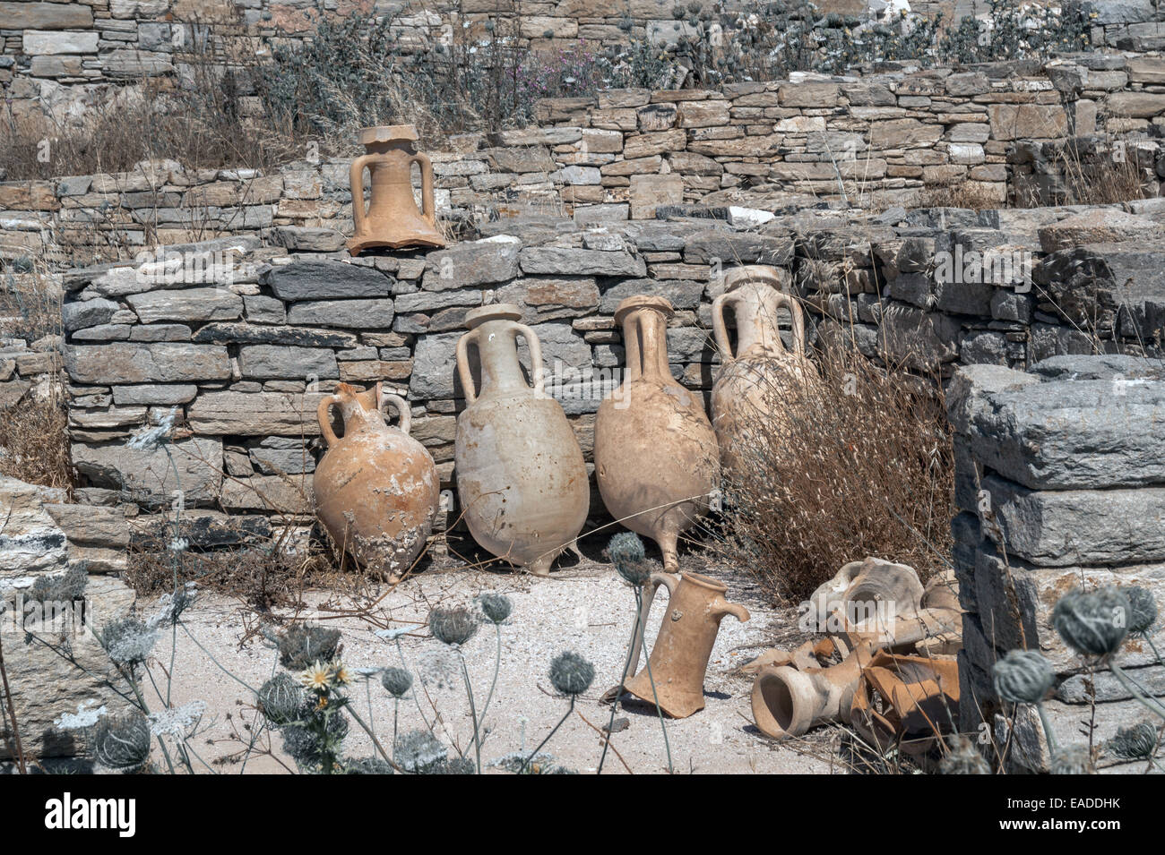 Ancient pottery wine amphora found in the ruins on the island of Delos, Greece Stock Photo