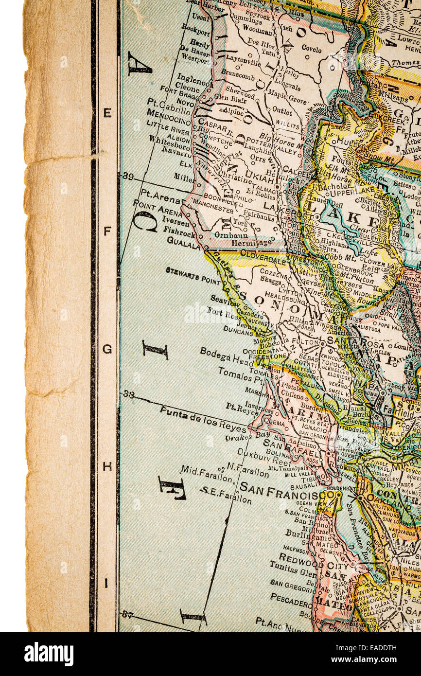 north California and San Francisco  on vintage 1920s map with rough worn out edge (printed in 1926 in New International Atlas of Stock Photo